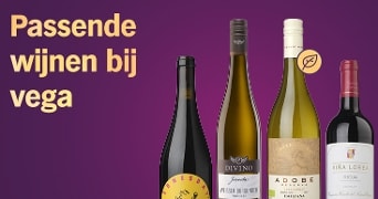 Vier flessen wijn met het label 'Passende wijnen bij vega' op een paarse achtergrond, met onder andere de merken Bones Barn, Divino, Adobe en Viña Lorea.