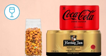 Productafbeeldingen van zakje nootjes, blikjes coca cola en blikjes hertogjan bier.