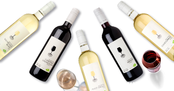 Assortiment flessen rode en witte wijn met glazen wijn, met NIX18 logo