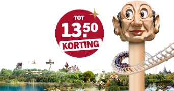 Tot €13,50 korting op een attractiepark met uitzicht op achtbaan en sprookjesachtige gebouwen.