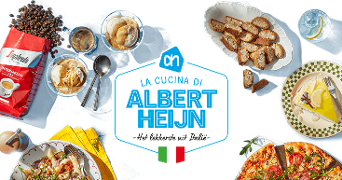 Italiaans geïnspireerde producten en gerechten van Albert Heijn, waaronder Lavazza koffiebonen, dessertbekers, brood en pizza.