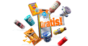 Afbeelding met diverse A-merken producten zoals Doritos chips, Coca-Cola, Heinz ketchup, Danone Skyr yoghurt, Chocomel, en Alpro, rond een mobiel met het Albert Heijn logo en de tekst 'Gratis!'