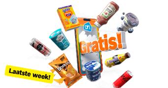Promotieafbeelding met verschillende A-merk producten zoals Doritos, Coca-Cola, Danone, Heinz ketchup en Alpro, rond een smartphone met de tekst 'Gratis!' en een gele banner met 'Laatste week!'
