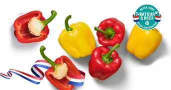 Rode en gele paprika's met een Nederlandse vlag erbij en een logo met Natuur en Boer beter eten. Ga voor meer info naar ah.nl/betereten