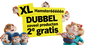 Promotieafbeelding van de XL Hamsterweken bij Albert Heijn met cartoonhamsters en de tekst 'DUBBEL zoveel producten, 2e gratis'