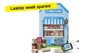 Spaaractie laatste week bij Albert Heijn met miniatuur supermarkt, diverse boodschappen en scanner