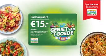 Cadeaukaart van 15 euro van de Nationale Postcode Loterij met tekst 'Geniet van 't goede', omringd door drie vegetarische gerechten