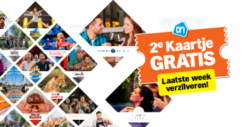 Afbeelding met diverse attracties, dagjes uit en hotels, met een grote oranje voucher waarop staat '2e Kaartje Gratis' en 'Laatste week verzilveren!' voor de uitjes via de spaaractie.