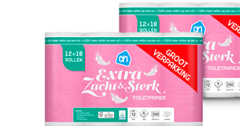 Verpakking Albert Heijn Extra Zacht & Sterk toiletpapier 12 tot 18 rollen, grootverpakking met roze en turquoise accenten
