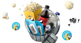 Bioscoopbeleving met Pathé popcorn, Coca-Cola fles, Sourcy waterfles en bioscoopkaartjes op een filmrol, omringd door bioscoopzegels