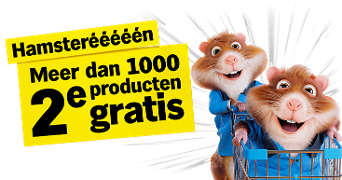 Promotieafbeelding van de Albert Heijn Hamsterweken met twee vrolijke hamsters in blauwe jasjes en een winkelwagen, en een gele tekstbanner met de boodschap: 'Hamstereeeeeen - Meer dan 1000 producten 2e gratis'