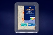 Forel luxe salade in een plastic verpakking van Albert Heijn Excellent, met Beter Leven en MSC keurmerk.