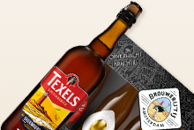 Fles Texels Skuumkoppe bier en verpakking van Brouwerij ’t IJ, Amsterdam