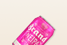 Blik Brand NEIPA bier met roze ontwerp op lichte achtergrond