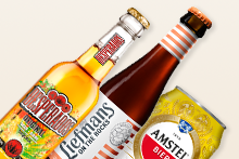 Drie drankproducten: een fles Desperados bier, een fles Liefmans On The Rocks en een blikje Amstel bier.