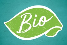 Groen blad met het woord 'Bio' erop, symbool voor biologische producten.