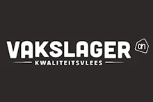 Vakspecialist vlees logo van Albert Heijn met de tekst "Vaks﻿lager kwaliteitsvlees" op zwarte achtergrond.