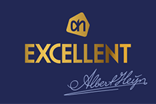 Alt tekst: AH Excellent logo met gouden letters en handtekening van Albert Heijn op een donkerblauwe achtergrond