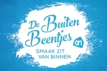 Tekstuele afbeelding met de slogan "De Buitenbeentjes - Smaak zit van binnen" en het Albert Heijn logo op een blauwe achtergrond.