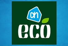Logo van Albert Heijn eco-productlijn met groene achtergrond en een blad boven de letter "o".