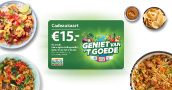 Cadeaukaart van 15 euro voor 'Geniet van ’t Goede' om vegetarische gerechten te bestellen, omringd door kleurrijke schotels met eten en snacks