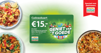 Cadeaukaart van 15 euro voor 'Geniet van ’t Goede' om vegetarische gerechten te bestellen, omringd door kleurrijke gerechten
