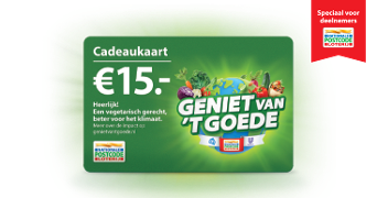 Cadeaukaart van €15 voor 'Geniet van 't Goede', speciale actie voor deelnemers van de Nationale Postcode Loterij, met afbeeldingen van groente en fruit en de boodschap voor vegetarisch eten en een beter klimaat.