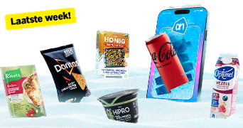 Promotieafbeelding met Knorr lasagne, Doritos Sweet Chili Pepper, Honig bakplaat mix, HiPRO yoghurt, Coca-Cola Zero Sugar, Optimel Vezels drink en een smartphone met AH-app, met tekst 'Laatste week!'