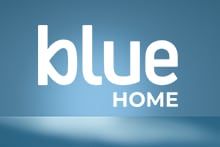 Blauw Home logo op een blauwe achtergrond