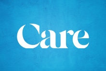 Wit woord "Care" op een blauwe achtergrond