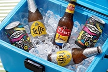 Flessen en blikjes Leffe, Texels en VandeStreek bier gekoeld in een blauwe koelbox met ijsblokjes