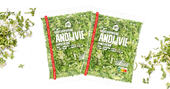 Twee zakken AH grootverpakking gesneden andijvie, omringd door losse stukjes andijvie.