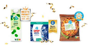 AH Terra sojagurt, AH Power All in 1 vaatwastabletten en AH groentefriet bekroond met productprijzen en kwaliteitstests, omringd door feestelijke confetti.