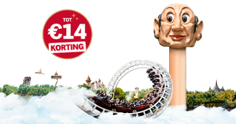 Afbeelding van een pretpark met een achtbaan, attracties en omringende bossen. Links bovenin staat een rode cirkel waarop "Tot €14 korting" te lezen is.