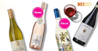 Vier verschillende flessen wijn, waaronder wit, rosé, mousserende wijn en rood, met twee flessen gemarkeerd als "Nieuw", een glas rode wijn en het NIX18-logo.