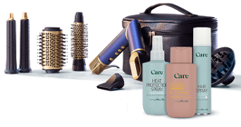 Föhnborstel set met verschillende opzetstukken, een opbergetui en haarverzorgingsproducten zoals Care heat protection spray, Care droogshampoo en Care haarspray.