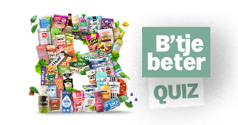 Diverse selectie van A-merk producten, waaronder voedingsmiddelen, drankjes en huishoudelijke artikelen, met daarnaast de tekst "B’tje beter QUIZ" in een groene en witte opmaak.
