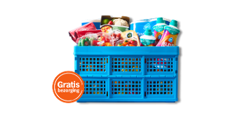 Blauwe boodschappenkrat gevuld met diverse Albert Heijn producten en een opvallende sticker met de tekst "Gratis bezorging".