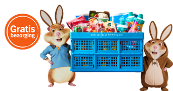Blauwe Albert Heijn bezorgkrat gevuld met diverse boodschappen, omringd door twee cartoon konijnen en een oranje cirkel met de tekst "Gratis bezorging".