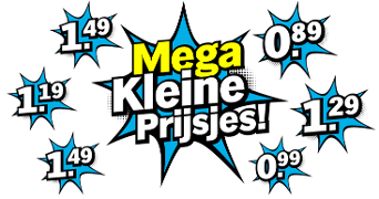 Afbeelding met de tekst "Mega Kleine Prijsjes!" en verschillende lage prijzen, waaronder €1,49, €1,19, €1,29, €0,99 en €0,89, op een zwarte achtergrond met blauwe ster-effecten.