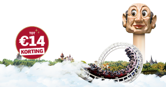 Achtbaan in attractiepark met een ronde looping en een actiebutton met “Tot €14 korting” tegen een achtergrond van wolken en groene bomen.