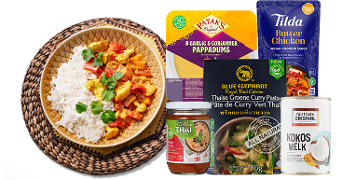 Gerechten en producten voor Aziatische maaltijden, waaronder een bord rijst met curry, Koh Thai curry pasta, Blue Elephant Thaise groene curry pasta, Patak's pappadums, Tilda Butter Chicken saus en Fairtrade Original kokosmelk.