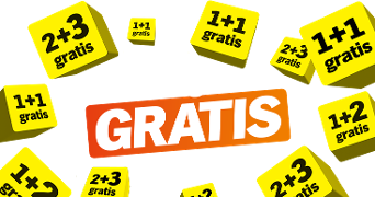 Verschillende gele blokken met teksten zoals "1+1 gratis", "2+3 gratis" en "1+2 gratis" rondom een groot oranje vlak met het woord "GRATIS" in het wit, promotie bij Albert Heijn.
