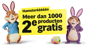Twee hamsters verkleed als paashazen naast een gele promotieposter met de tekst "Hamstereeeeeën - Meer dan 1000 producten 2e gratis" en een gekleurd paasei, ter promotie van de Albert Heijn Hamsterweken.