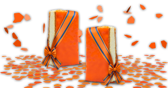 Oranje tompoucen met een koninklijke band om en oranje confetti