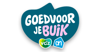 Logo met de tekst "Goed voor je buik" op een blauwe achtergrond, met de logo's van VGZ en Albert Heijn onderaan.