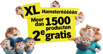 Promotieafbeelding van Albert Heijn met hamsters en een groot geel bord waarop staat: "XL Hamsterééééééén Meer dan 1500 producten 2e gratis".