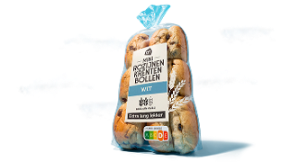Zak met AH Mini Rozijnen Krentenbollen wit, verpakt in een blauwe zak met Nutri-Score label.
