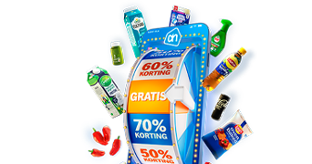 Rad van fortuin met Albert Heijn producten en winkansen op 50%, 60%, 70% korting of gratis producten.