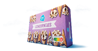 Doos Albert Heijn ijshoorntjes met chocolade en nootjes, afgebeeld tegen een lucht met witte wolken.